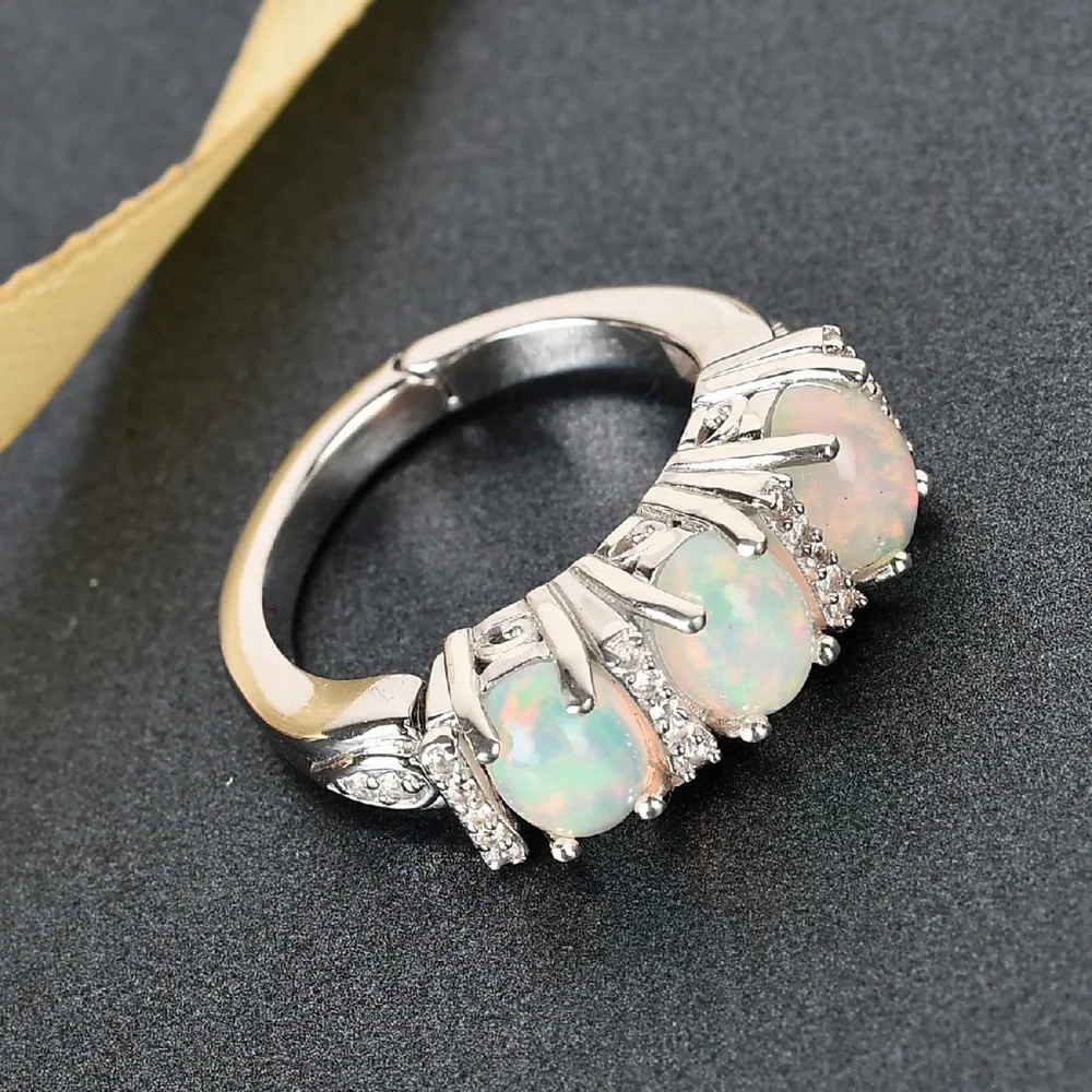 Ethiopian Welo Opal and Zircon Three Stone Ring